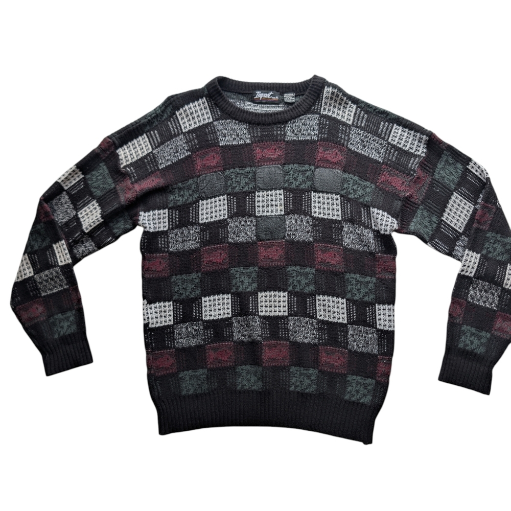 Vintage Impact Checkered Sweater XL Genuine Leather Trim Patchwork Grandpa